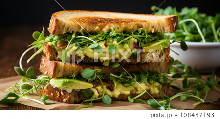 Vegan sandwich with hummus, avocado, greens on whole wheat bread 108437193