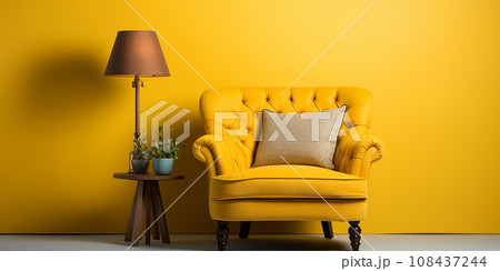 yellow comfortable armchair, next to a floor lamp and a green plant, design and interiors yellow comfortable armchair, next to a floor lamp and a green plant, design and interiors 108437244
