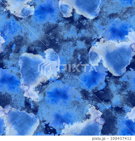 Watercolor Seamless Pattern Hand painted illustration. Abstract blue spots and splashes on isolated dark background Universal base for your design of textile, wrapping paper, wallpaper, cover, print Watercolor Seamless Pattern Hand painted illustration. Abstract blue spots and splashes on isolated dark background Universal base for your design of textile, wrapping paper, wallpaper, cover, print 108437412