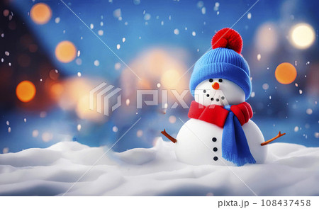 Merry Christmas and Happy New year greeting card with copy-space. Happy snowman standing in snow background. 108437458