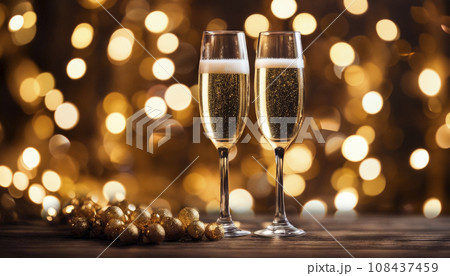 Two glasses of champagne over blur spots lights background. Celebration concept, New Year Two glasses of champagne over blur spots lights background. Celebration concept, New Year 108437459