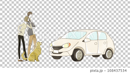 Car, smiling man and woman, and dog 108437534