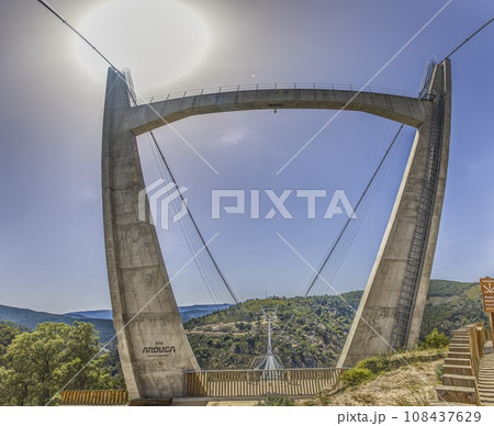 Panoramic view of the supporting structure of the Arounca suspension bridge in Portugal Panoramic view of the supporting structure of the Arounca suspension bridge in Portugal 108437629