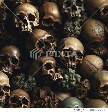Skulls and bones covered in dust. lot of creepy human remains in dark. Abstract dark background symbolizing death, evil 108437797