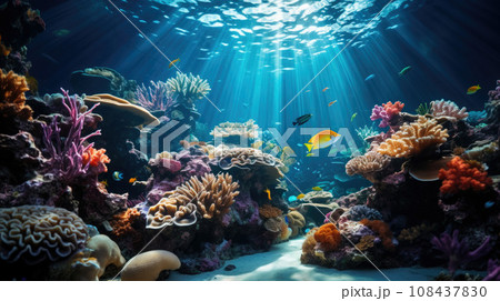 underwater coral reef landscape background in the deep blue ocean with colorful fish and marine life 108437830