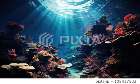 underwater coral reef landscape background in the deep blue ocean with colorful fish and marine life 108437832