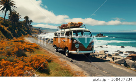 Vintage camper van parking at the beach with suitcases on top during on vacation near a sea Vintage camper van parking at the beach with suitcases on top during on vacation near a sea 108437834