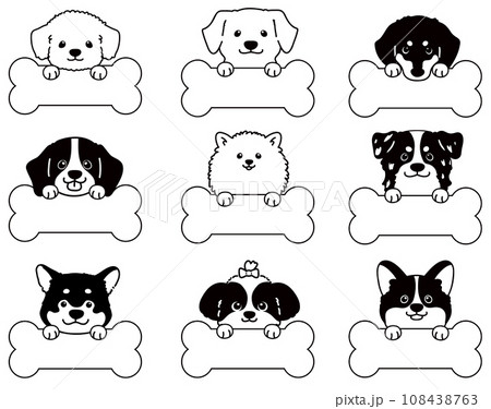 骨の形のメモを持つかわいい犬の顔のイラスト前足付き セットB 主線のみ白抜き 骨の形のメモを持つかわいい犬の顔のイラスト前足付き セットB 主線のみ白抜き 108438763
