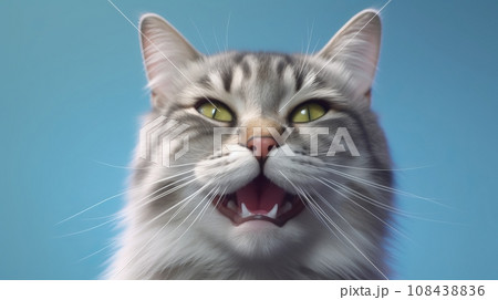 portrait of happy gray kitty with opened mouth on Isolated blue background 108438836