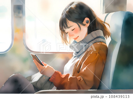 電車の車内でスマホを見ている若い女性 108439113