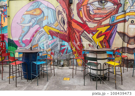 Graffiti painting on wall at Haji Lane of Arab street, Singapore Graffiti painting on wall at Haji Lane of Arab street, Singapore 108439473
