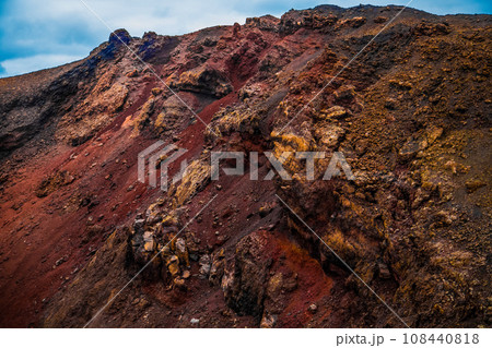 Amazing panoramic landscape of volcano in Timanfaya national park. Popular touristic in Lanzarote island Canary islans Spain. Artistic picture. Travel concept 108440818