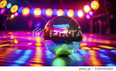 70s distotheque concept. Disco ball in neon lighting on podium or stage 70s distotheque concept. Disco ball in neon lighting on podium or stage 108440980