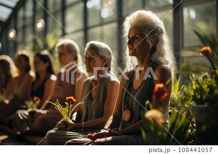 Portrait of a beautiful elderly woman visiting yoga center. Portrait of a beautiful elderly woman visiting yoga center. 108441057