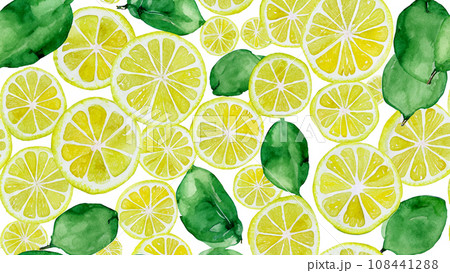 水彩画風のたくさんの輪切りレモンのイラスト 108441288