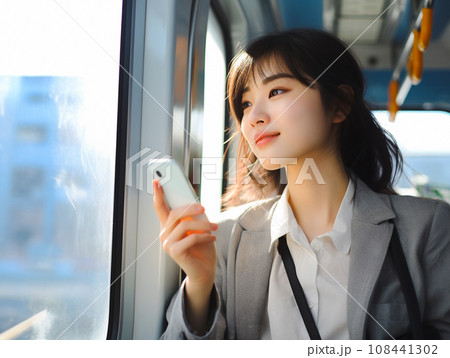 車内でスマホを使う笑顔の女性 車内でスマホを使う笑顔の女性 108441302