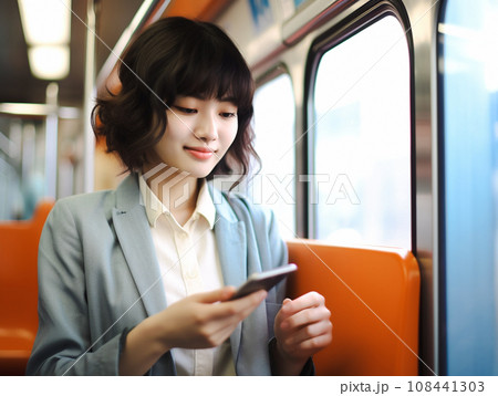 車内でスマホを使う笑顔の女性 車内でスマホを使う笑顔の女性 108441303
