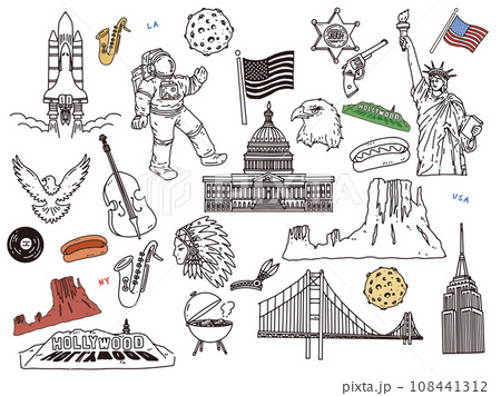 白黒、モノトーン、線画のイラスト(手書き、アメリカ、宇宙飛行士、LA、ニューヨーク、ハンバーガー) 白黒、モノトーン、線画のイラスト(手書き、アメリカ、宇宙飛行士、LA、ニューヨーク、ハンバーガー) 108441312