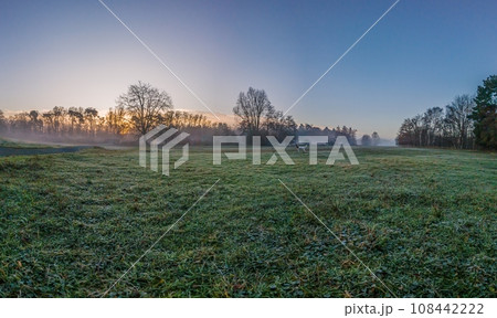 Image of a forest at sunrise at frosty temperatures 108442222