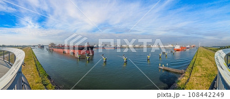 Panoramic picture from port Rotterdam with big transport ships 108442249