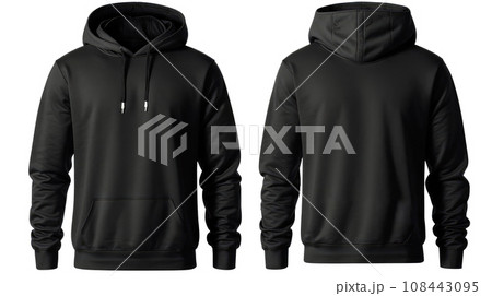 Black Hoodie. Set of Black front and back view tee hoodie hoody sweatshirt on white background cutout. Mockup template 108443095