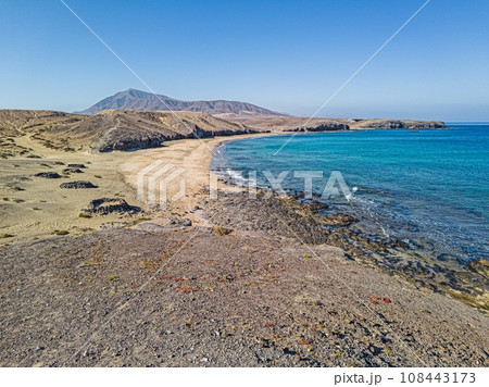 Drone picture from Los Ajaches National Park on the Canary Island Lanzarote with the famous Papagaqyo Beaches 108443173