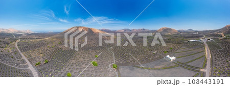 Panoramic drone picture over the barren volcanic Timanfaya National Park on Lanzarote Panoramic drone picture over the barren volcanic Timanfaya National Park on Lanzarote 108443191