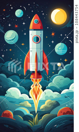 Spaceship rocket flies in space 108443754