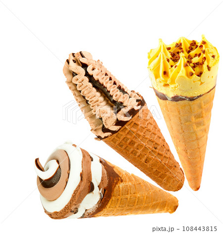 Chocolate and vanilla ice cream in waffle cones isolated on white . Collage. Chocolate and vanilla ice cream in waffle cones isolated on white . Collage. 108443815