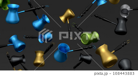 Many of flying Turkish coffee cooked in sand or coffee maker cezve on black Many of flying Turkish coffee cooked in sand or coffee maker cezve on black 108443883