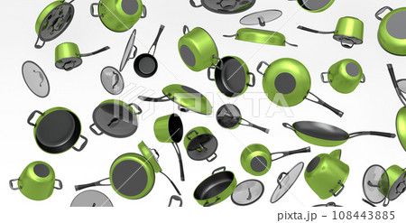Many of flying frying pan with glass lid on white background, non-stick Many of flying frying pan with glass lid on white background, non-stick 108443885