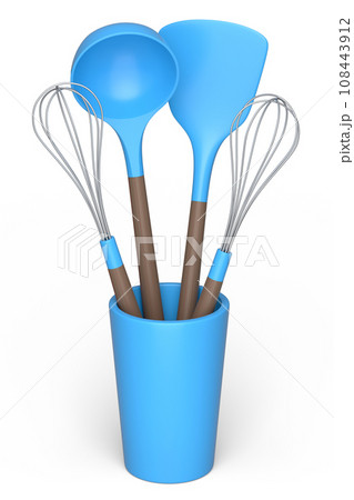 Silicon kitchen utensils, tools and equipment in holder on white background. 108443912