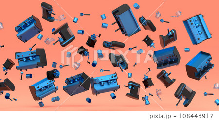 Many of flying espresso machine with horn, cups, geyser coffee maker and grinder 108443917