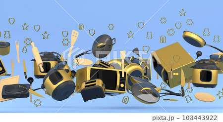 Electric kitchen appliances and utensils for making pastry on blue background 108443922