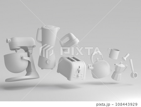 Kitchen appliances and utensils for making breakfast on monochrome background 108443929