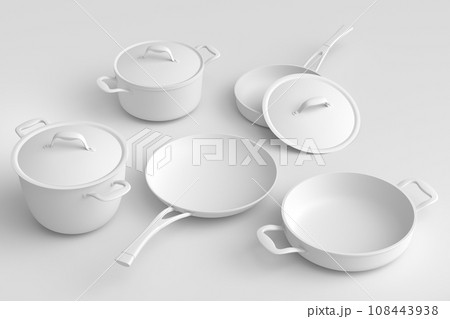 Set of flying stewpot, frying pan and chrome plated cookware on monochrome Set of flying stewpot, frying pan and chrome plated cookware on monochrome 108443938
