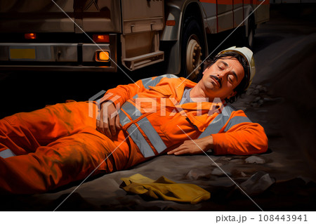 Worker in reflective vest with helmet laying on street in front of a truck street during roadworks 108443941