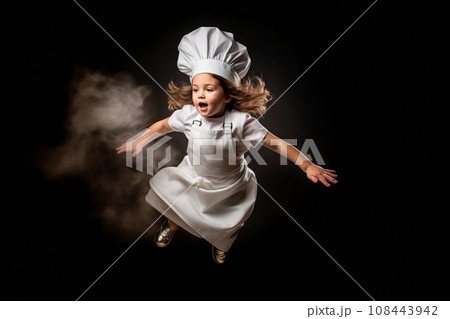 Child in chef's and hat jumping over black background and smoke is floating on her clothing, in style of dreamy realism 108443942