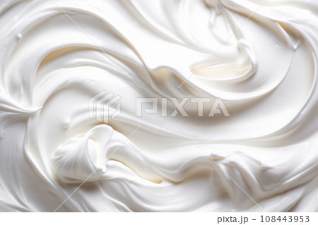 White texture of whipped cream, homemade sour cream or hand cream. Detailed pure creamy background White texture of whipped cream, homemade sour cream or hand cream. Detailed pure creamy background 108443953