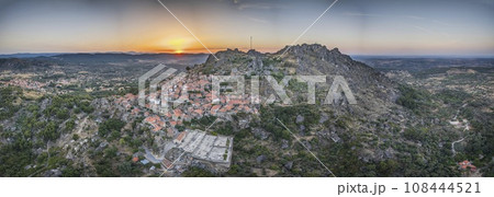 Drone panorama of historic city and fortification Monsanto in Portugal in the morning during sunrise 108444521