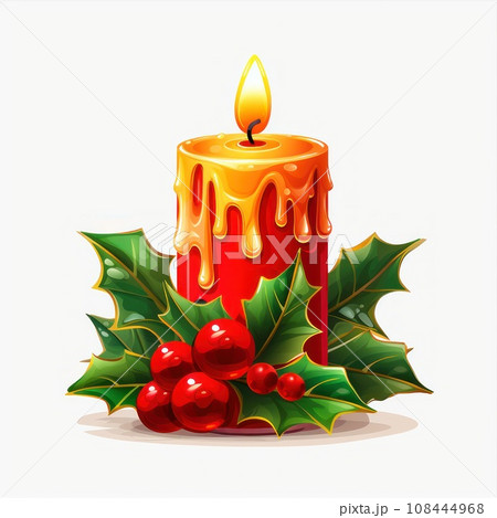 Christmas candle with brunch and donuts. Isolated on white background with shadow reflection. Xmas candle with twig and donuts. Christmas motive with spruce twig, donuts and burning candle. 108444968