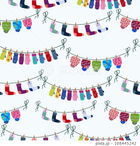 Seamless pattern with winter clothes hanging on a clothesline. Vector in cartoon style. 108445242