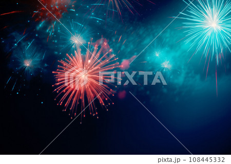 An explosion of fireworks with a black background with free space for text, birds-eye-view 108445332