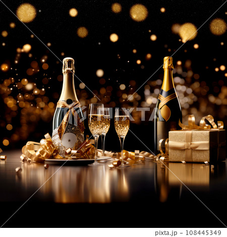 Champagne bottle on black background with champagne glasses and gift boxes. Sparkling lights and bokeh on backdrop Champagne bottle on black background with champagne glasses and gift boxes. Sparkling lights and bokeh on backdrop 108445349