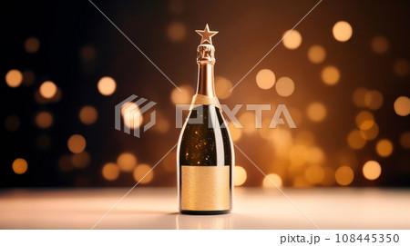 Champagne bottle on black background. Sparkling lights and bokeh. exuding a sense of celebration and sophistication Champagne bottle on black background. Sparkling lights and bokeh. exuding a sense of celebration and sophistication 108445350