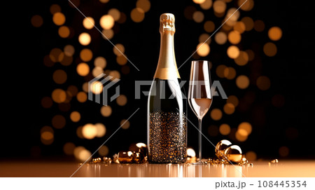 Champagne bottle on black background with champagne glasses. Sparkling lights and bokeh on backdrop Champagne bottle on black background with champagne glasses. Sparkling lights and bokeh on backdrop 108445354