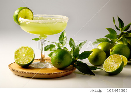 Margarita cocktail in salt-rimmed glass with lime isolated on white background 108445393