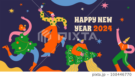 Fun Merry Christmas and Happy New Year banner, Christmas background and card with groovy, hippie 108446770