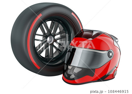 Racing Helmet with racing wheel red soft, compound type tyre. 3D rendering 108446915