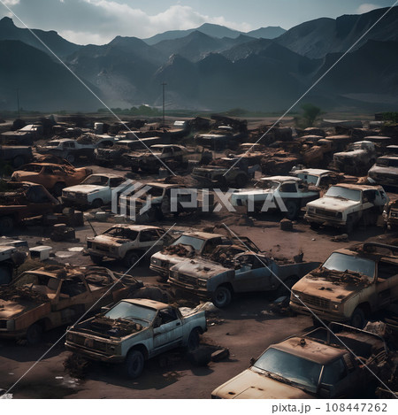 A large group of old rusty cars in a field with mountains in the background. A large group of old rusty cars in a field with mountains in the background. 108447262